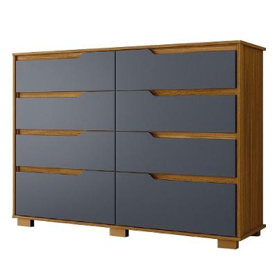 Cômoda Geórgia 8 Gavetas MDF com Puxador Cava Cinza e Freijó para Organização do Quarto