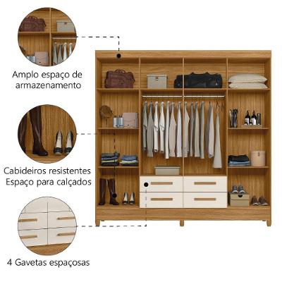 Guarda Roupa Casal Flórida 8 Portas de Bater 4 Gavetas Freijó-Off White