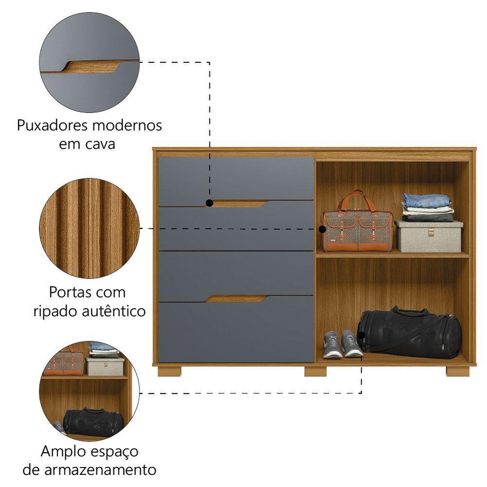 Cômoda 4 Gavetas 2 Portas Com Ripado Texas Freijó/cinza Moval - 3