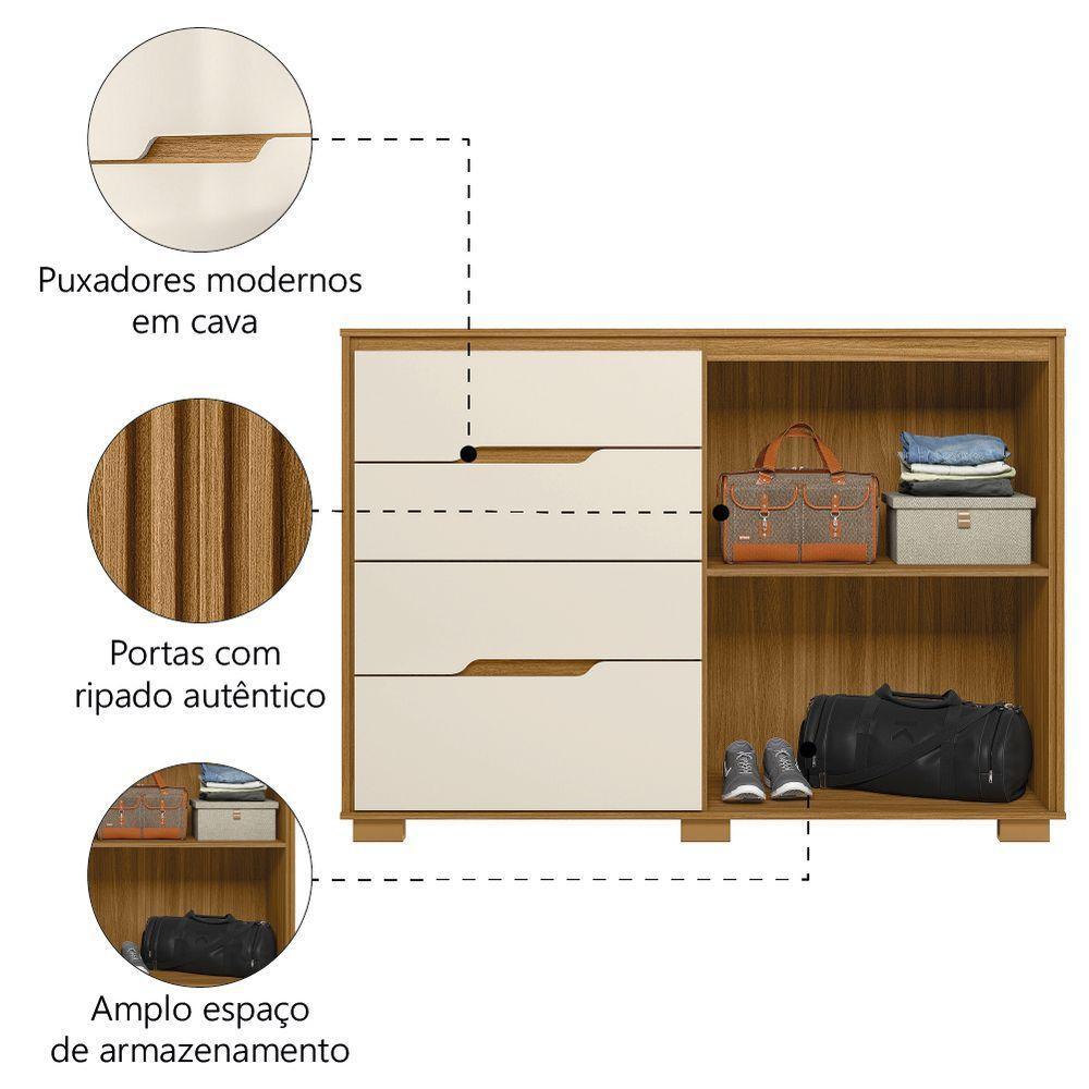 Cômoda 4 Gavetas 2 Portas Com Ripado Texas Freijó/off White Moval - 3