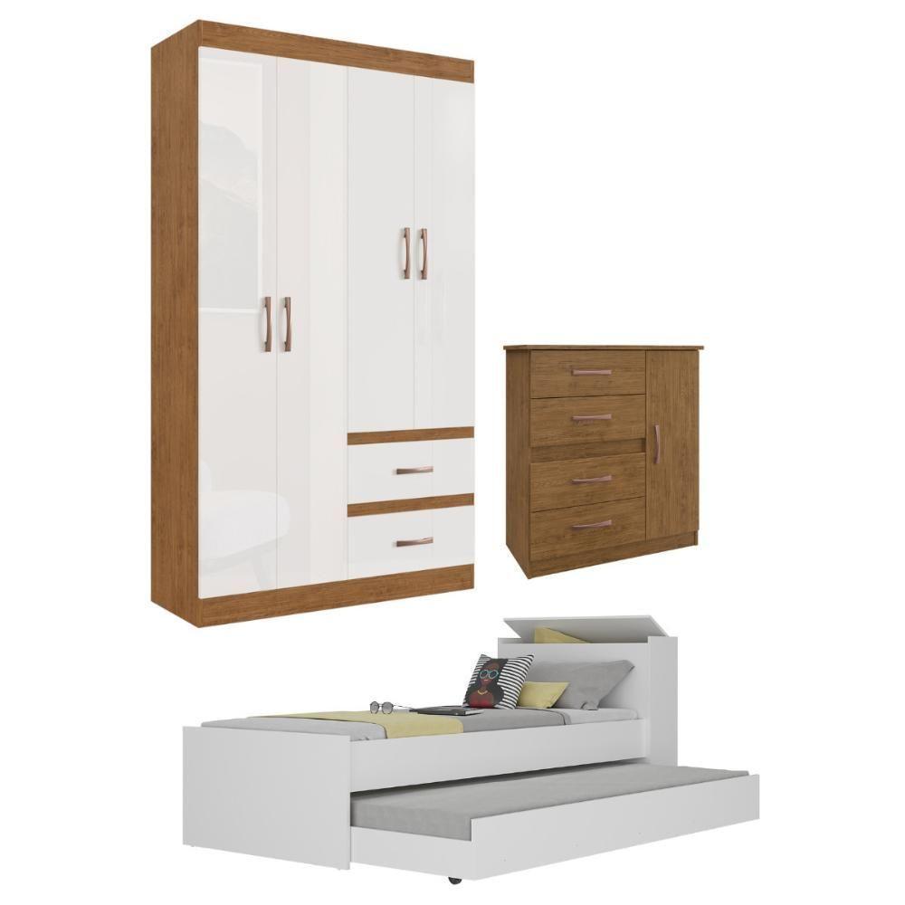 Guarda-roupas Solteiro Com Cômoda E Bicama Com Colchão Multimóveis Cr35224 Nogueira Off White - 1