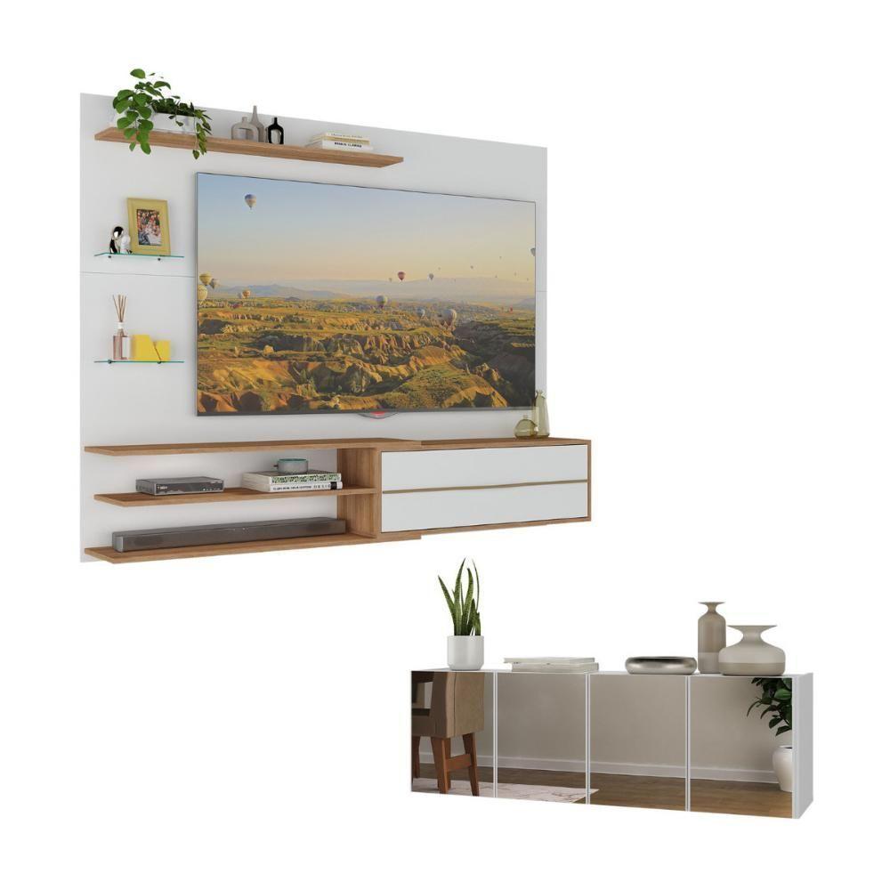 Painel Para Tv Até 65 Polegadas Com Aparador 4 Portas Com Espelho Mp1088 Rustic-branco Rustic-branco - 1