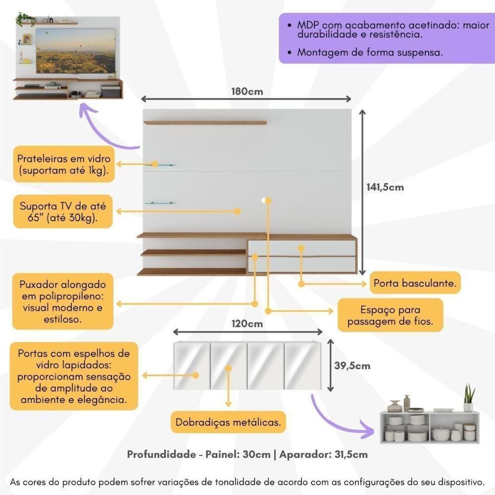 Painel Para Tv Até 65 Polegadas Com Aparador 4 Portas Com Espelho Mp1088 Rustic-branco Rustic-branco - 5