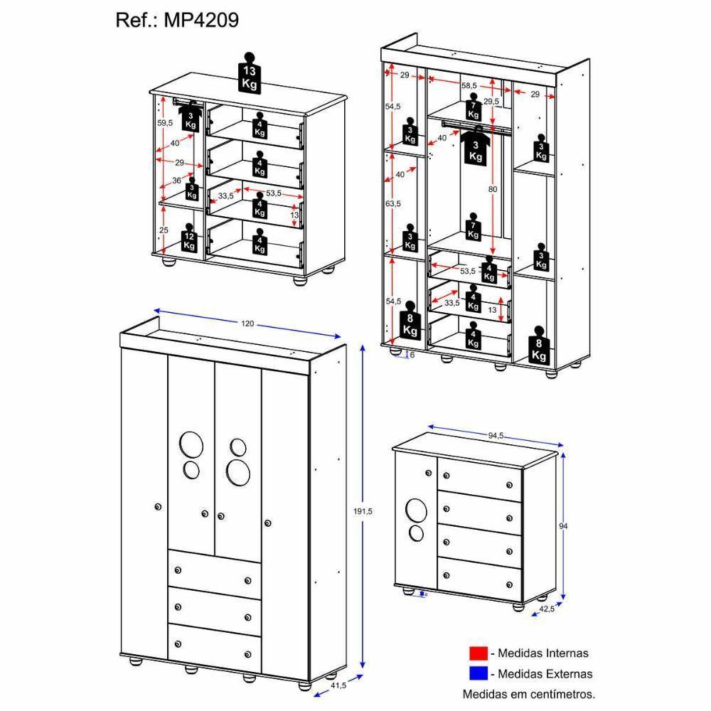Kit Guarda-roupas Infantil 4 Portas 3 Gavetas E Cômoda 1 Porta 4 Gavetas Mp4209 Branco Branco - 4