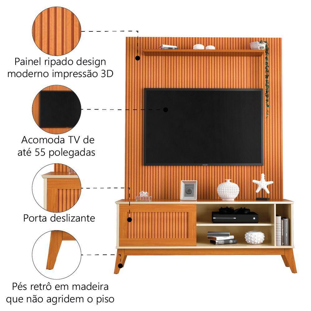 Rack Bancada Aruba Com Painel Para Tv Até 55 Polegadas Egeo Cedro/off White Ripado Impressão 3d Edn Cedro - 3