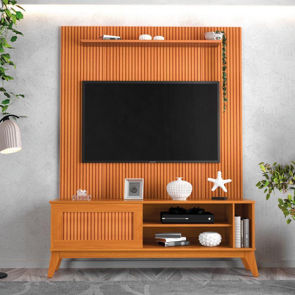 Rack Bancada Aruba Com Painel Para Tv Até 55 Polegadas Egeo Cedro Ripado Impressão 3d Edn Cedro - 4