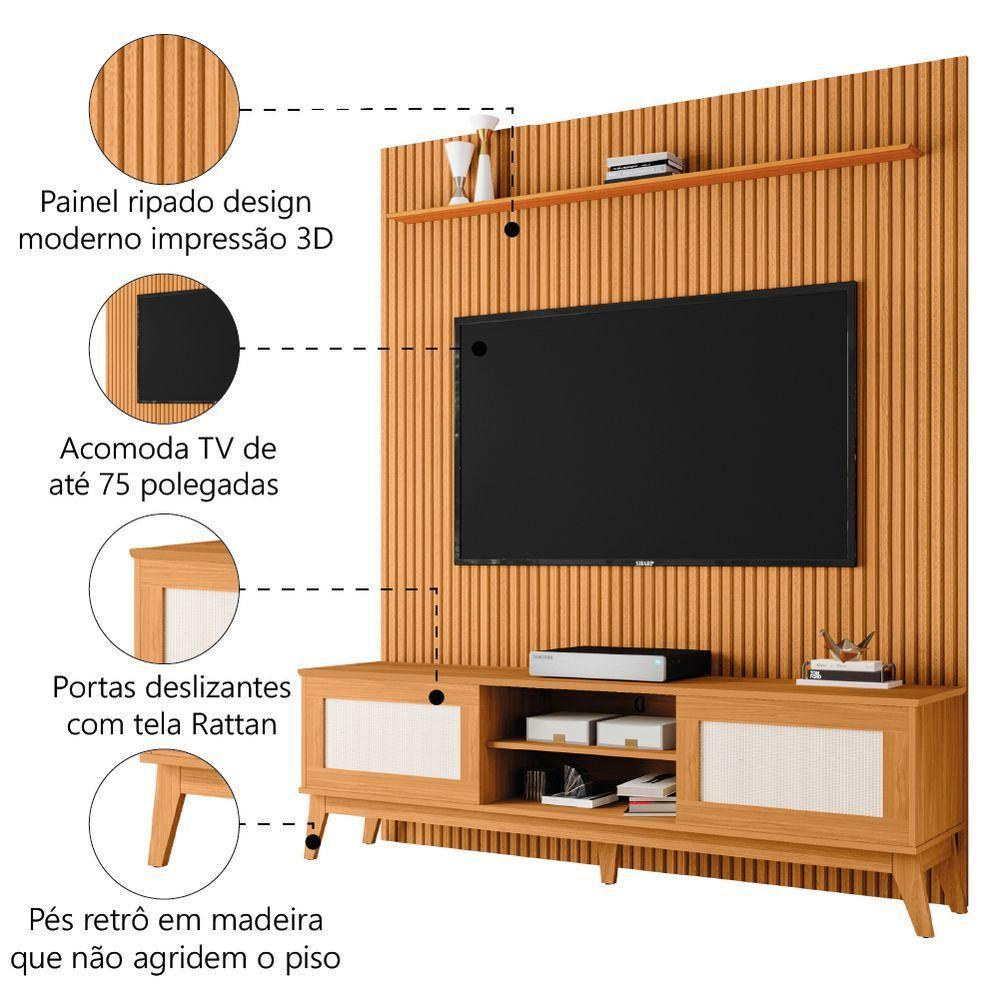Rack Bancada Cairo Com Painel Para Tv Até 75 Polegadas Egeo Cedro Ripado Impressão 3d Edn Cedro - 3