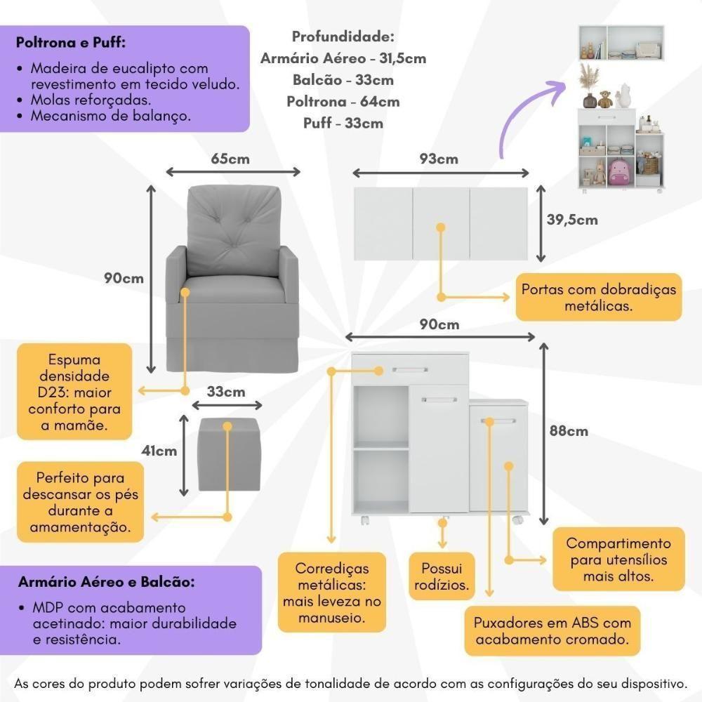 Poltrona De Amamentação Com Puff E Armário/balcão Multimóveis Mp4212 Branco/cinza Branco/cinza - 5