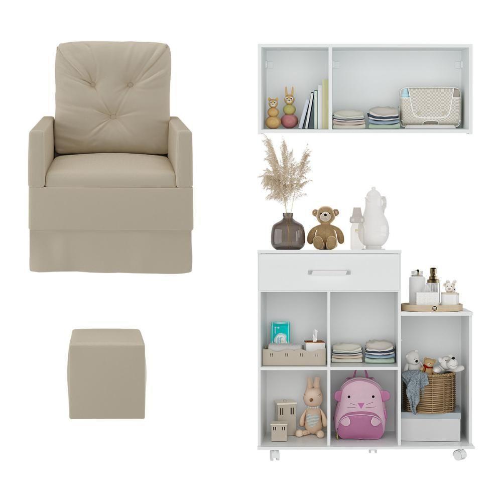 Poltrona De Amamentação Com Puff E Armário/balcão Multimóveis Mp4212 Branco/bege Branco/bege - 3