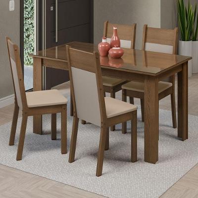 Conjunto de Jantar Eloá 4 Lugares Tampo de Vidro com Cadeiras Estofadas Rustic Creme Bege