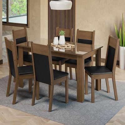 Conjunto de Jantar Dora 6 Lugares Tampo de Vidro com Cadeiras Estofadas Rustic Preto