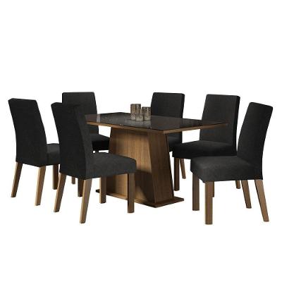 Conjunto de Jantar Patricia 6 Lugares Tampo em MDP e Vidro Incolor Rustic Preto Oxford 160x90cm