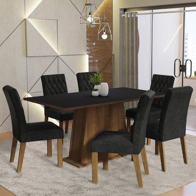 Conjunto de Jantar Britney 6 Lugares Tampo em MDP com Cadeiras Estofadas Rustic Preto Oxford