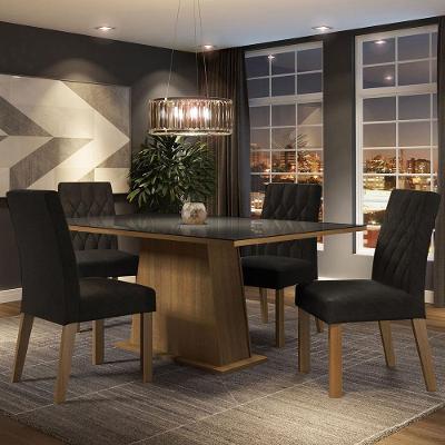 Conjunto de Jantar Aryeli 4 Lugares Tampo em MDP com Vidro Rustic Preto Oxford