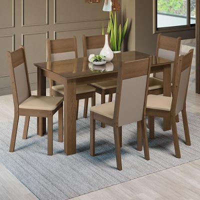 Conjunto Sala de Jantar Zoe 6 Lugares Mesa com Tampo de Vidro e Cadeiras Rustic Crema Bege