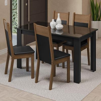 Conjunto Sala de Jantar Eloá 4 Lugares Mesa com Tampo de Vidro e Cadeiras Estofadas Preto Rustic