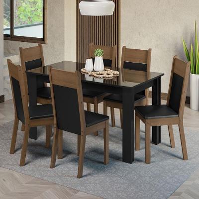 Conjunto de Jantar Dora 6 Lugares Tampo de Vidro com Cadeiras Estofadas Preto Rustic