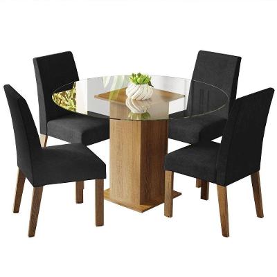 Conjunto de Jantar Mile 4 Lugares Tampo de Vidro Redondo com Cadeiras Suede Marrom