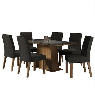 Conjunto de Jantar Stéfani 6 Lugares Tampo em MDP e Vidro Rustic Preto Oxford 160x90