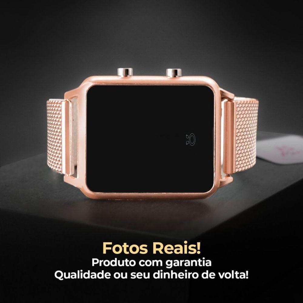2 Relogio Feminino Digital Led Quadrado + Oculos Sol + Caixa Original Rosa Rose Moda Casual Preto - 3