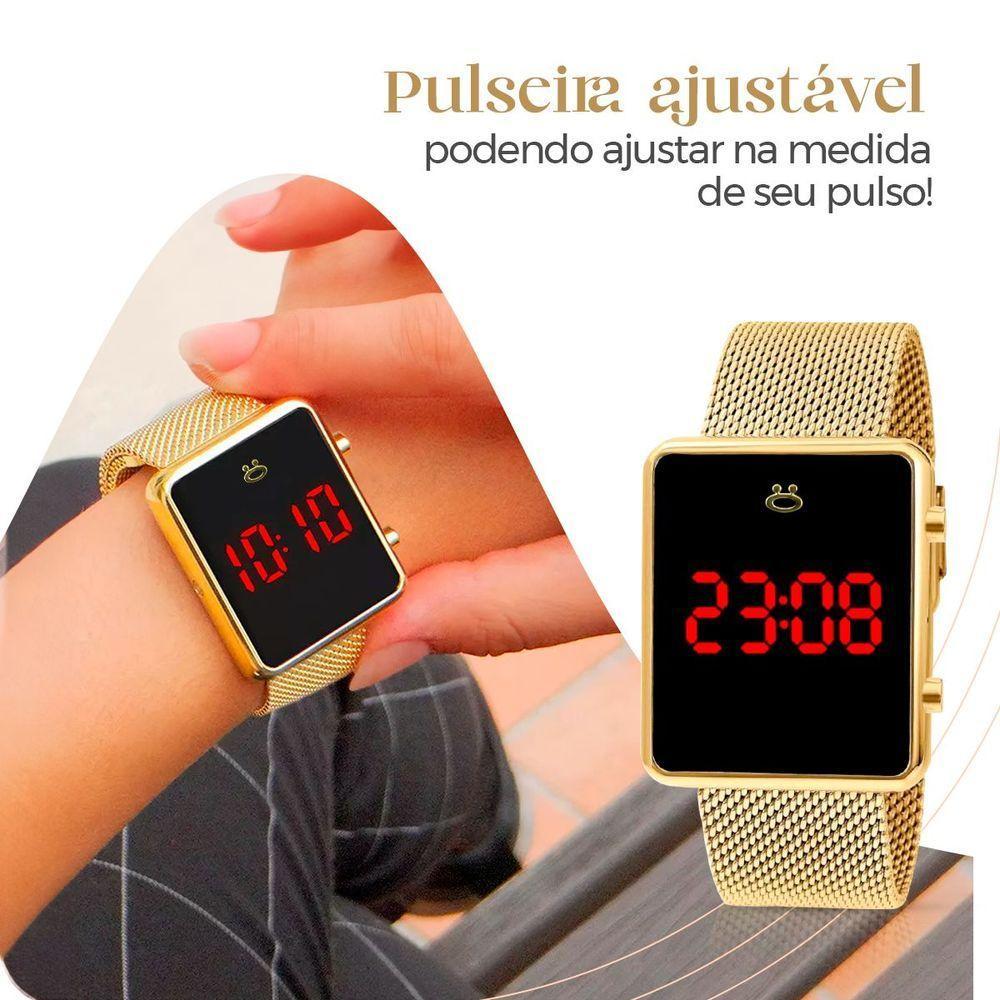 Caixa + Colar + Relogio Feminino Digital Dourado + Brincos Social Presente Qualidade Casual - 4