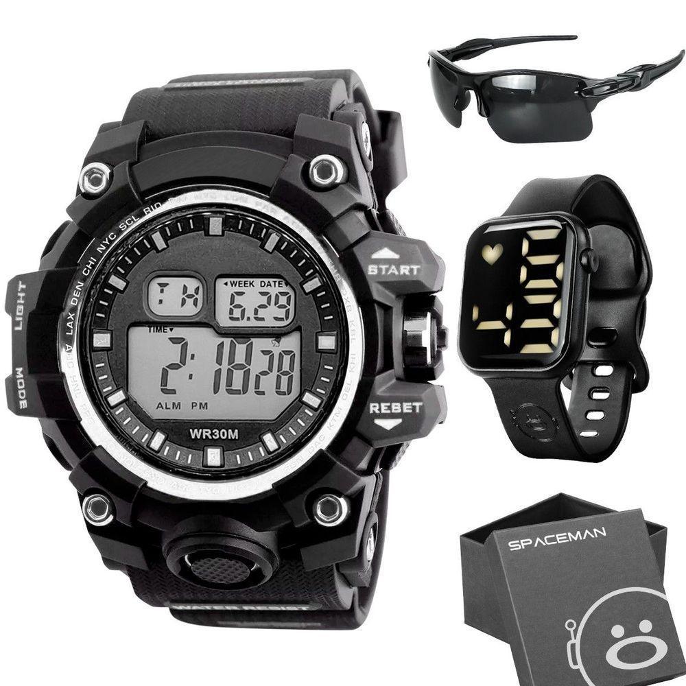 Caixa + Relogio Prova Dagua Digital + Oculos Sol Proteção Uv Alarme Preto Presente Ajustavel Data - 1