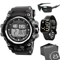 Caixa + Relogio Prova Dagua Digital + Oculos Sol Proteção Uv Alarme Preto Presente Ajustavel Data - 1