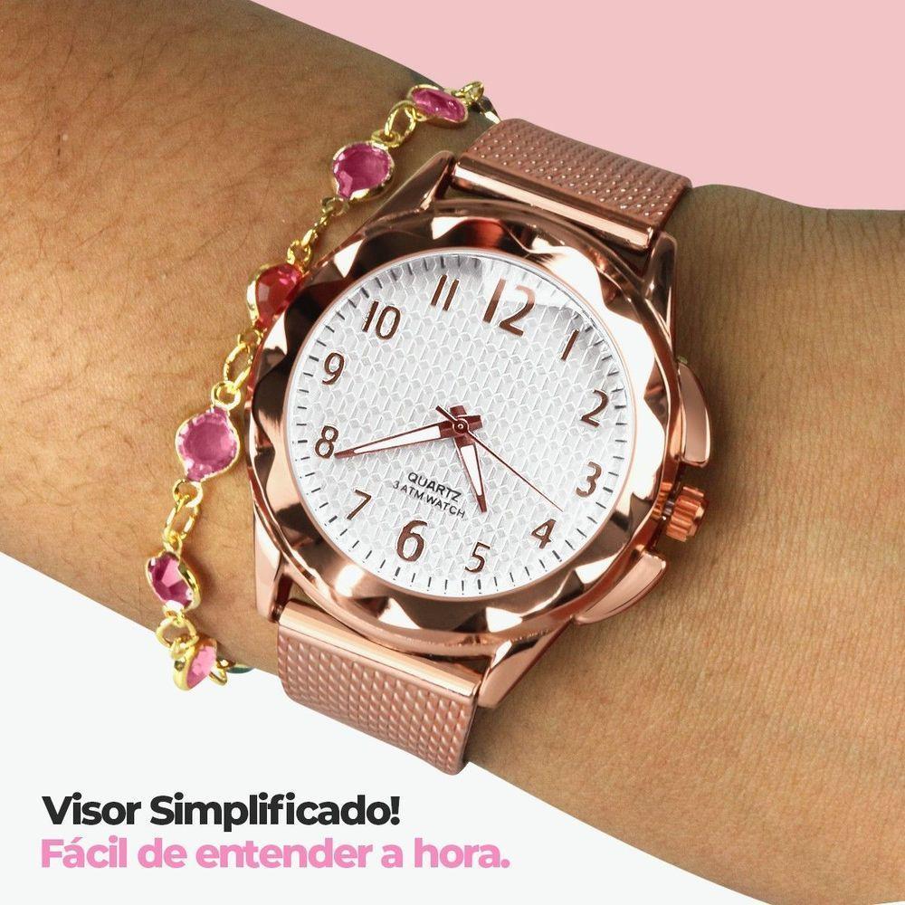 Caixa + Relogio Feminino Prova Dagua Banhado + Colar + Pulseira Presente Moda Zirconia Social Rose - 4