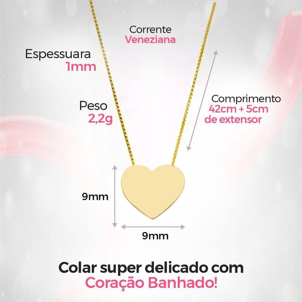 Colar Feminino Dourado Banhado Ouro Aço + Pingente Coração Qualidade Premium Moda Social Delicado - 3