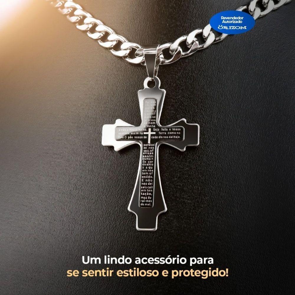 Cordão Corrente Prata Aço Inox + Pingente Cruz Pai Nosso + Pulseira Moda Masculina Social Casual - 2