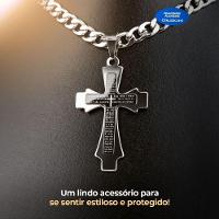 Cordão Corrente Prata Aço Inox + Pingente Cruz Pai Nosso + Pulseira Moda Masculina Social Casual - 2