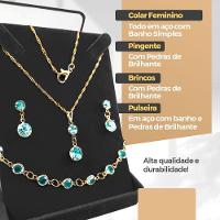 Corrente Colar Veneziana + Pingente + Brincos + Pulseira Banhada Strass Azul Presente Moda Dourada - 3