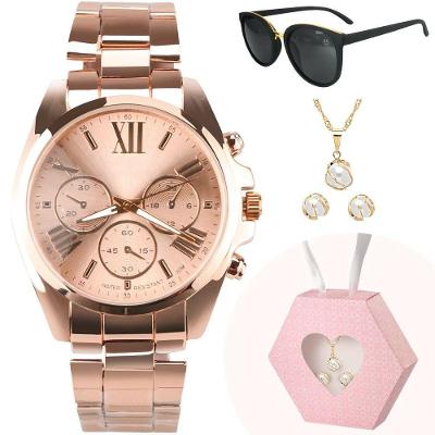 Oculos + Relogio Dourado Prova Dagua Banhado + Colar Brinco + Caixa Rose Original Social Casual