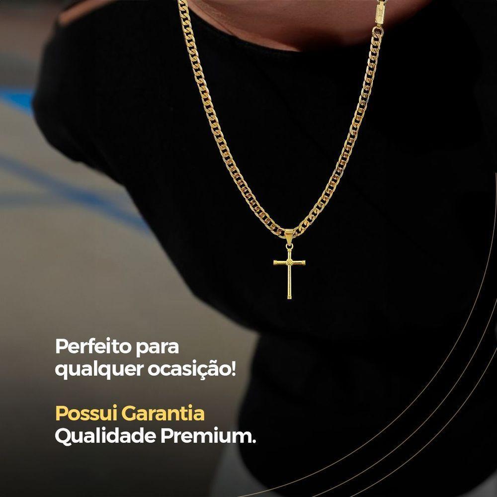 Pingente Cruz + Pulseira Grumet + Corrente Banhada Aço Inox Estiloso Moda Masculina Social Religioso - 3
