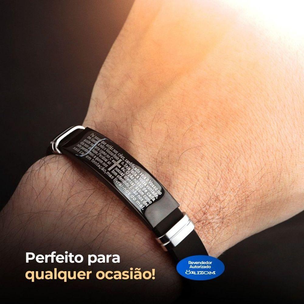Pulseira Oração Pai Nosso Silicone Preta Placa Masculina Moda Masculina Social Qualidade Premium - 3