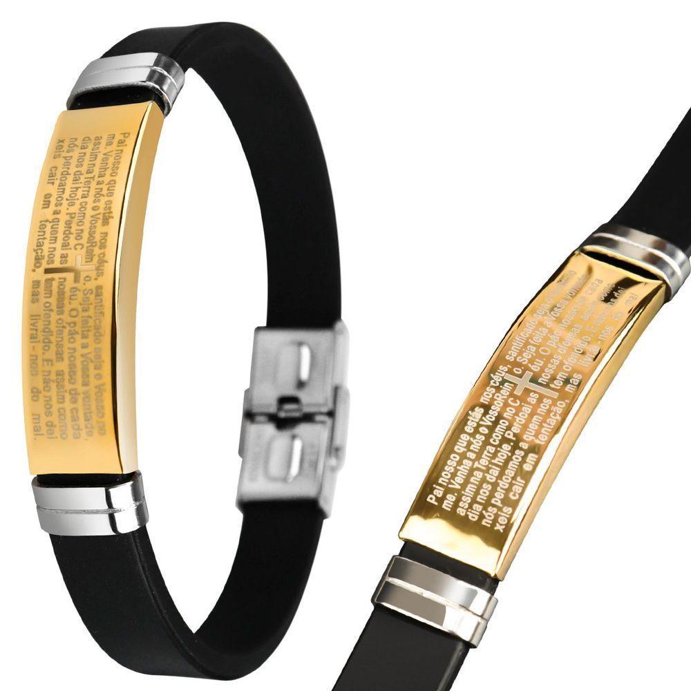 Pulseira Ouro Pai Nosso Banhada Masculina Dourada Silicone Moda Masculina Social Religioso Dourado - 1