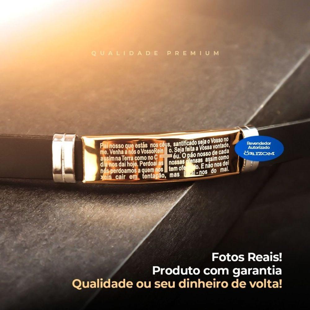 Pulseira Ouro Pai Nosso Banhada Masculina Dourada Silicone Moda Masculina Social Religioso Dourado - 2