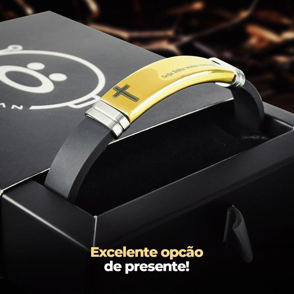 Pulseira Masculina Banhada Placa Pai Nosso Ouro Dourada + Caixa Casual Ajustavel Silicone Social - 3