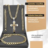 Pulseira + Relogio Masculino Aço Dourado + Cordão Crucifixo Social Presente Grumet Casual - 5