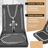 Relogio Masculino Aço Inox + Pulseira + Cordão Prata Grumet Crucifixo Original Black Piano Ajustavel - 5