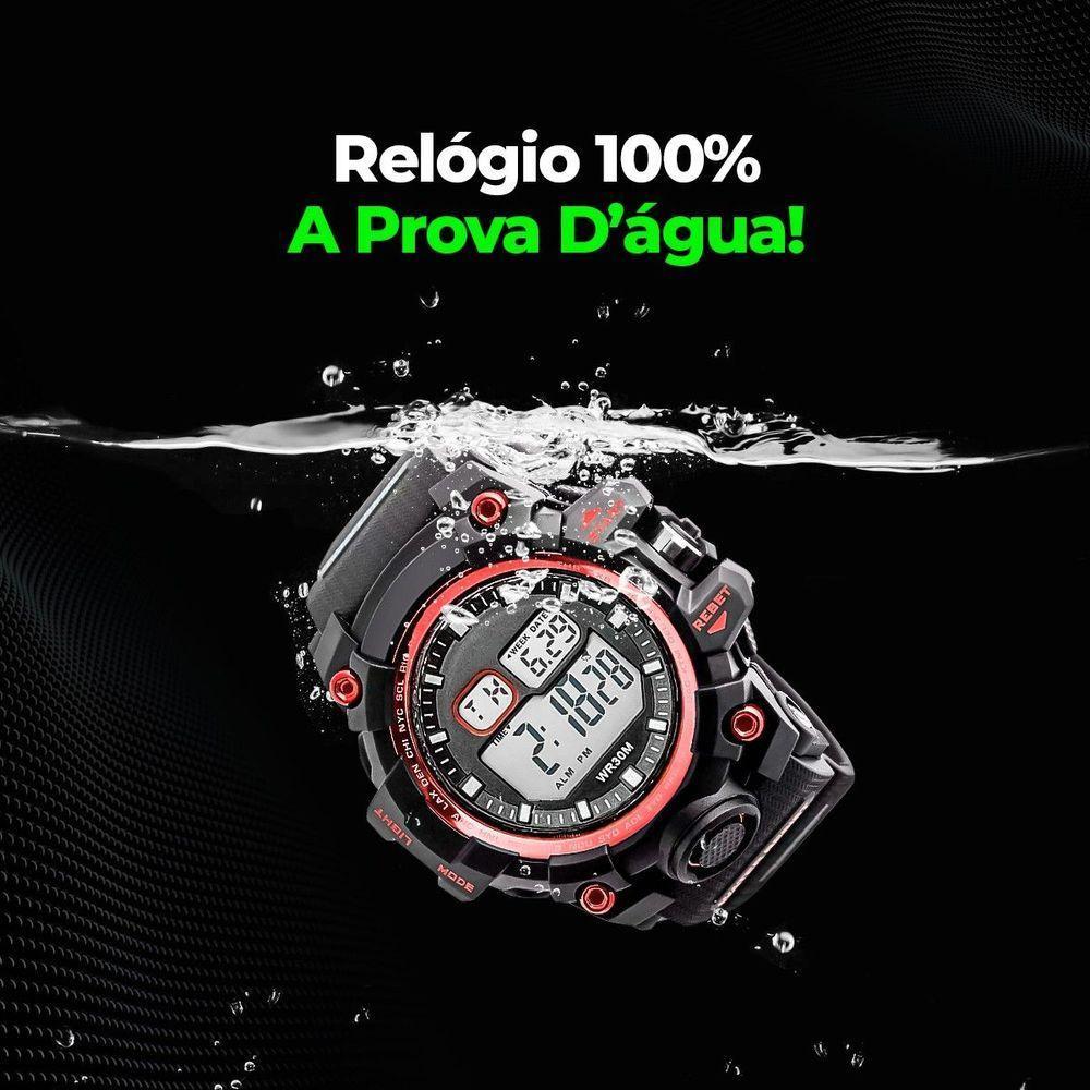 Relogio Digital Prova Dagua + Oculos Proteção Uv Ajustavel Preto Alarme Esportivo Cronometro Vemelho - 2