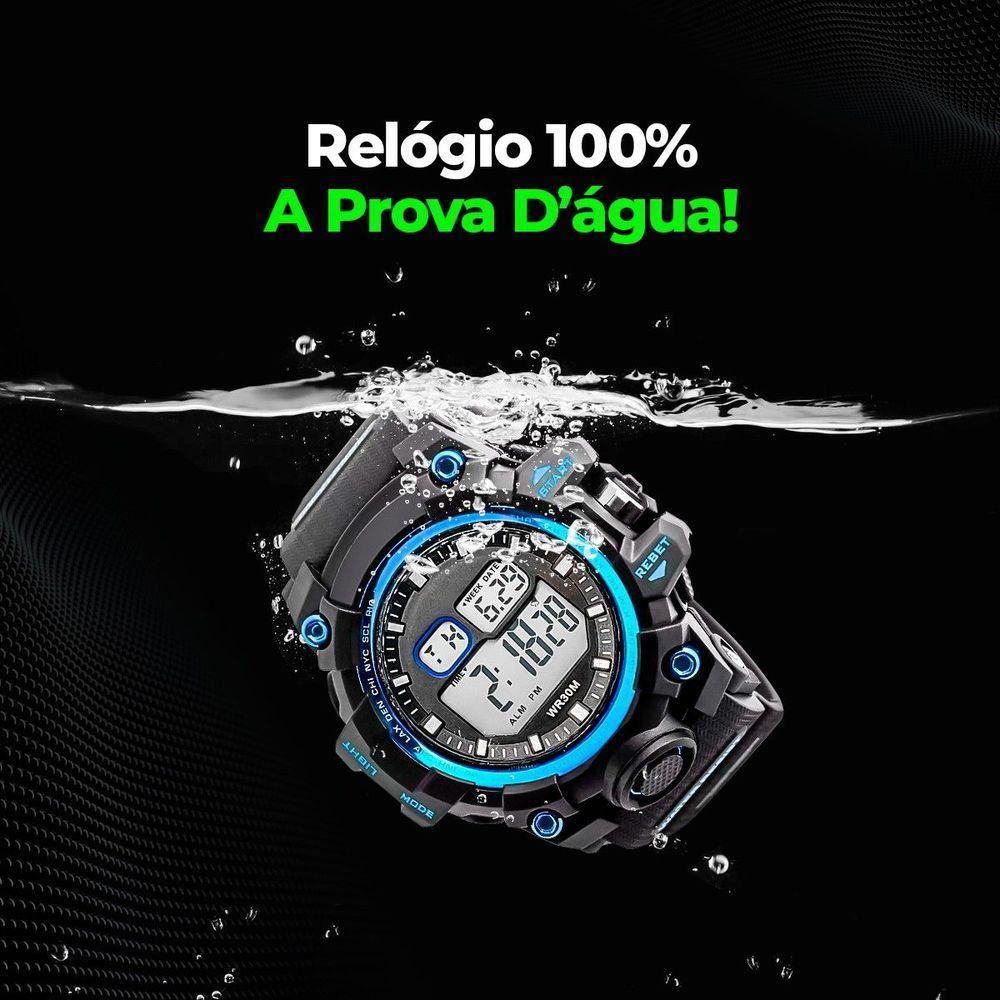 Relogio Digital Prova Dagua + Oculos Sol Proteção Uv Esportivo Cronometro Robusto Data Preto Azul - 8