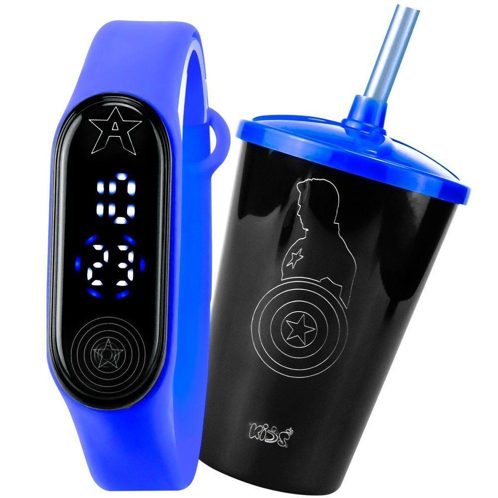 Relogio Digital Led Prova Dagua + Copo Capitao America Presente Pulseira Ajustavel Resistente Menino - 1
