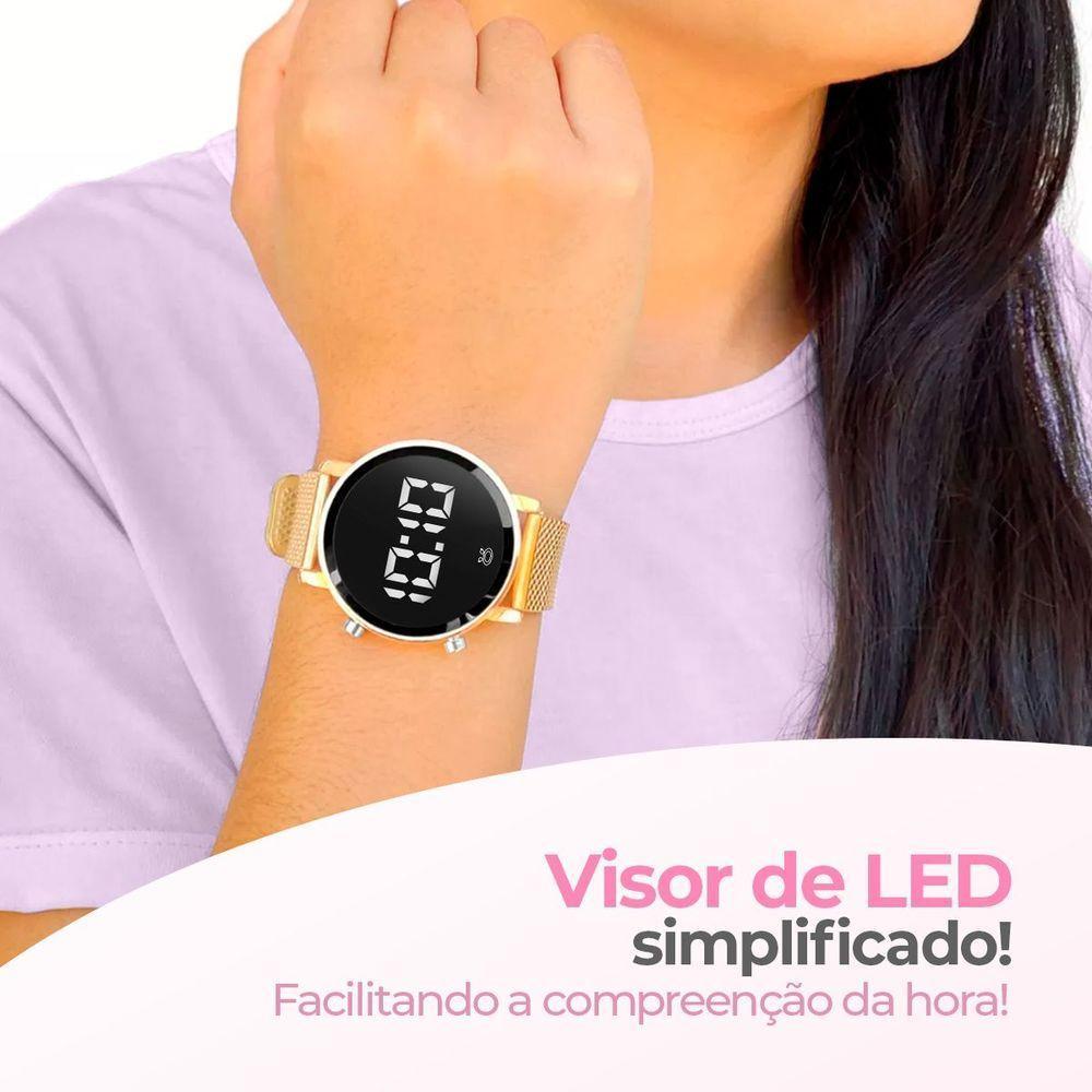 Relogio Feminino Aço Inox Dourado + Qualidade Digital Led Redondo Original Casual Moda - 6
