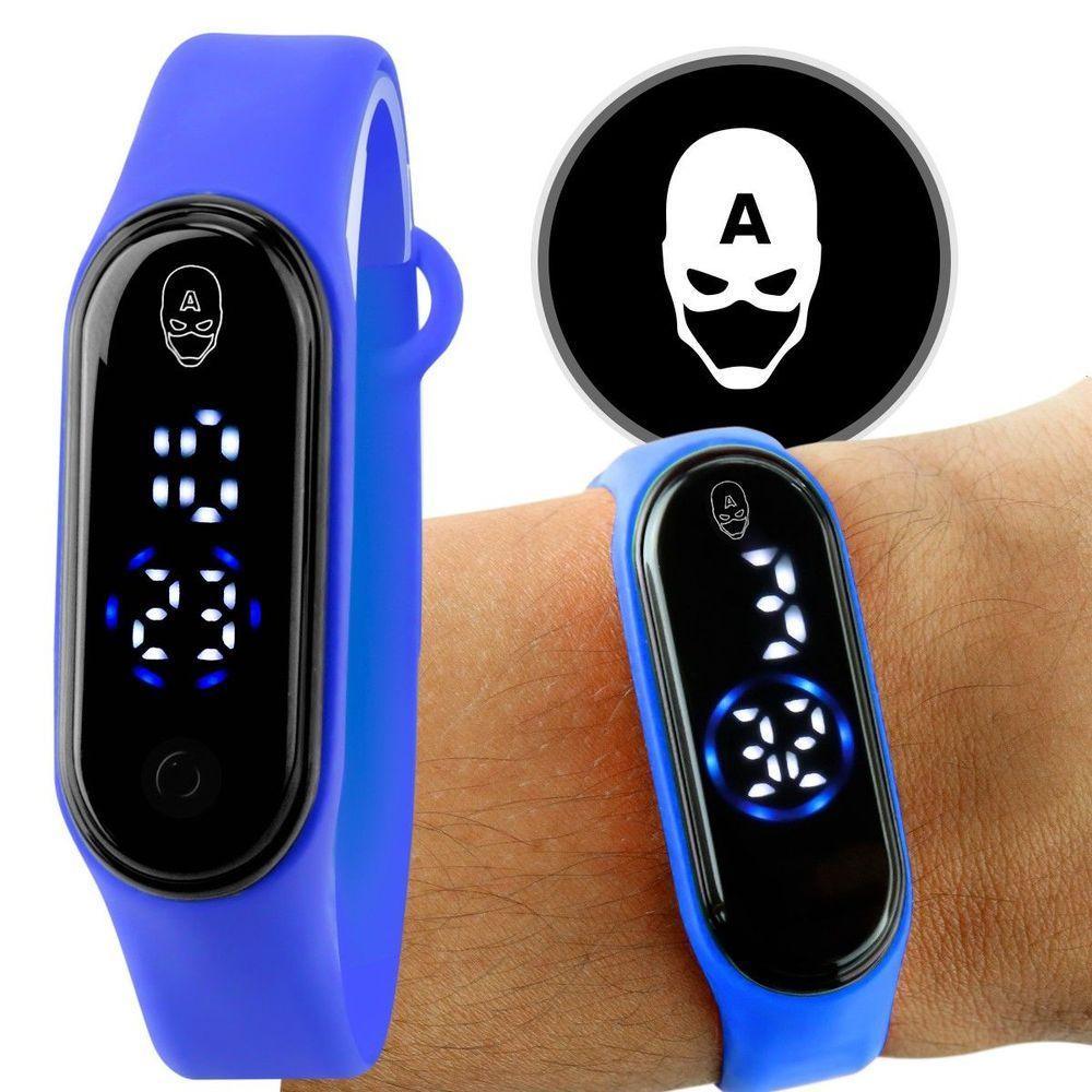 Relogio Digital Infantil Prova Dagua Heroi Capitao America Criança Presente Menino Azul Adolescente - 1