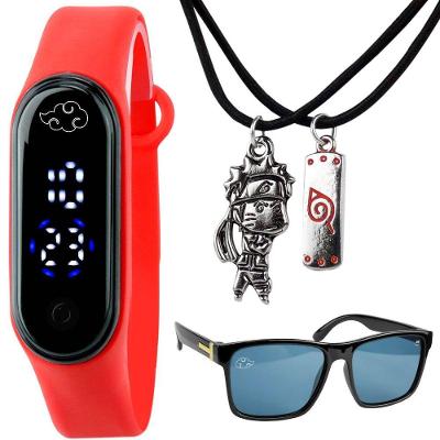 Relogio Digital Infantil Naruto Led + Colar Duplo + Oculos Vermelho Protecao Uv Melhores Amigos