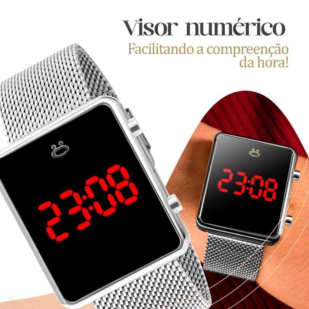 Relogio Feminino Digital Aço Inox + Caixa Qualidade Prata Presente Pulseira Ajustável Social - 2