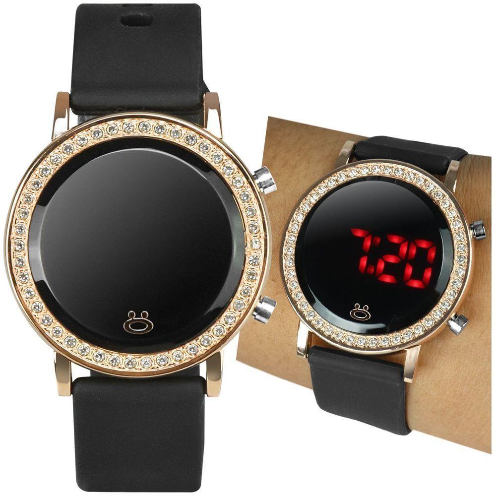 Relogio Feminino Digital Dourado Led Strass Aço Inox Redondo Moda Casual Ajustavel Presente - 1