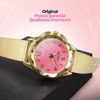 Relogio Feminino Prova Dagua Dourado + Pulseira + Colar Coração Casual Qualidade Presente
