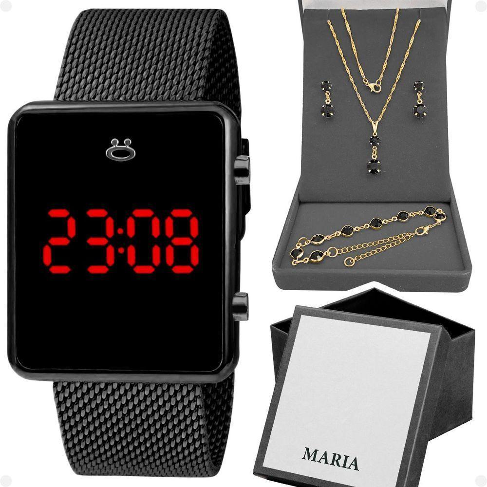 Relogio Feminino Preto Digital + Colar + Brincos + Caixa Casual Presente Silicone Pulseira Ajustável - 1